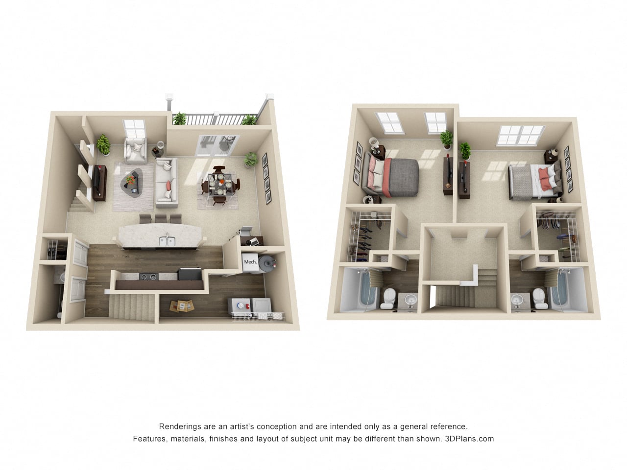 Floor plan for 2 beds, 2.5 baths, 1438 sqft